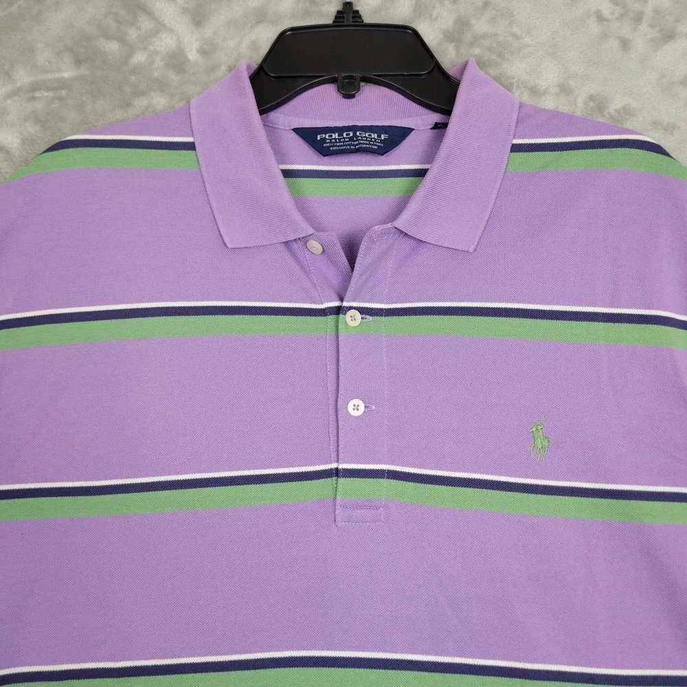 Polo Golf Ralph Lauren Large Purple Green Striped Short Sleeve Polo Shirt Casual